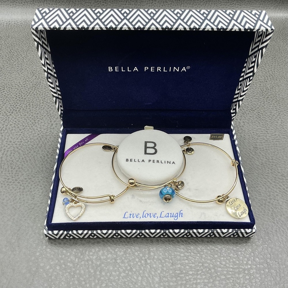Bella Perlina Bracelet Set Gold Tone Blue Glass Charm Live Love‎ Laugh Womens